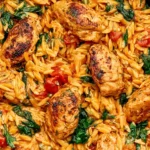 Creamy Cajun Chicken Orzo skillet with golden seared chicken, spinach, and tomatoes in a rich, flavorful sauce