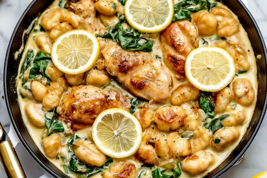 Creamy Lemon Chicken Gnocchi skillet with seared chicken, spinach, and lemon slices in a rich garlic parmesan sauce