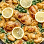Creamy Lemon Chicken Gnocchi skillet with seared chicken, spinach, and lemon slices in a rich garlic parmesan sauce