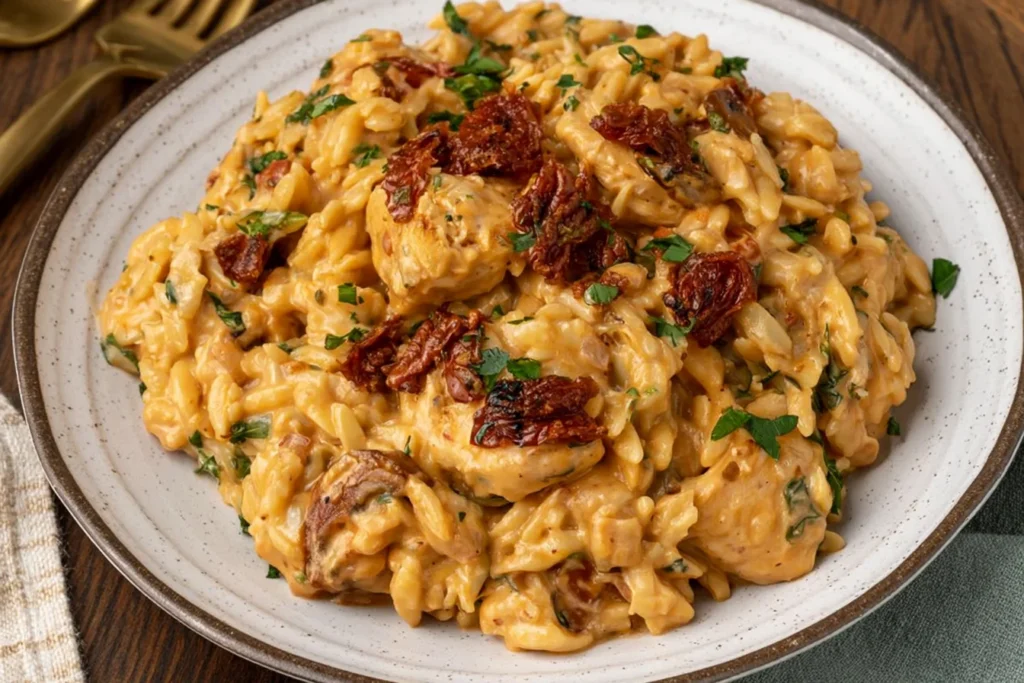 Plated One Pot Marry Me Chicken Orzo with creamy sauce, tender chicken, sun-dried tomatoes, and fresh herbs on a white dish