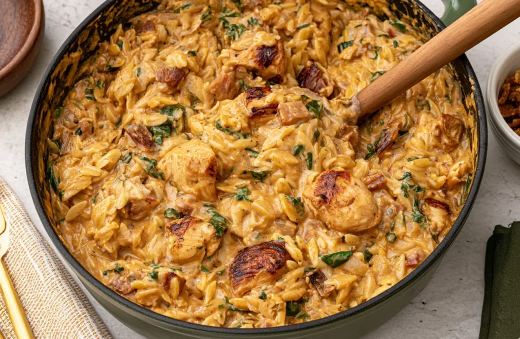 Creamy One Pot Marry Me Chicken Orzo in a skillet with golden seared chicken, sun-dried tomatoes, and herbs in a rich parmesan sauce