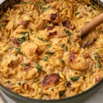 Creamy One Pot Marry Me Chicken Orzo in a skillet with golden seared chicken, sun-dried tomatoes, and herbs in a rich parmesan sauce