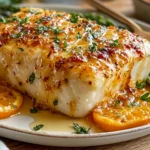 Orange Dijon Grilled Halibut served with asparagus and citrus glaze, perfectly grilled and flaky