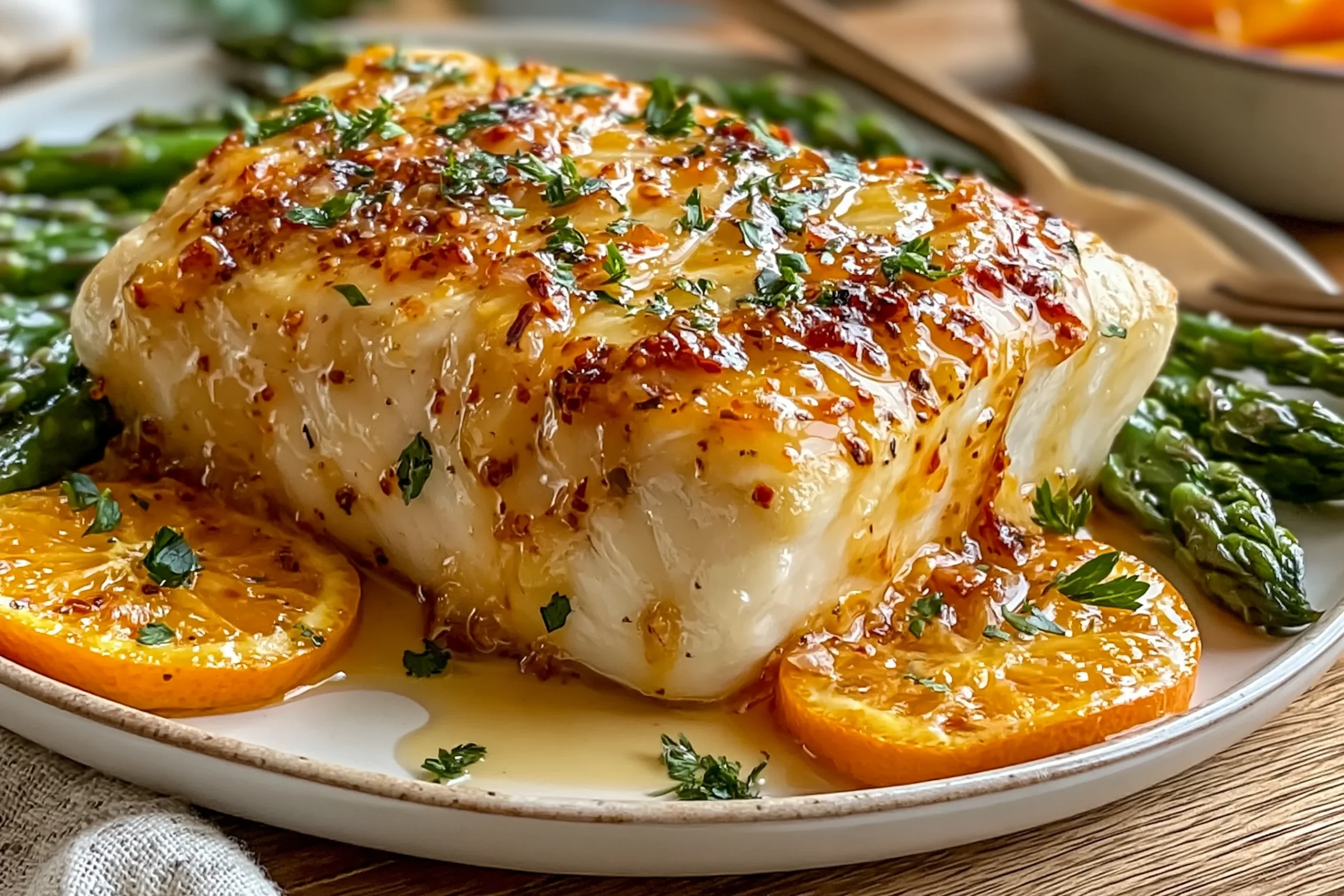 Orange Dijon Grilled Halibut served with asparagus and citrus glaze, perfectly grilled and flaky