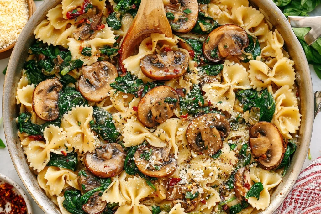 Close-up of Parmesan Spinach Mushroom Pasta Skillet with bowtie pasta, sautéed mushrooms, fresh spinach, and grated parmesan in a pan
