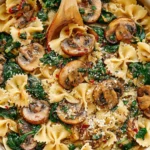 Close-up of Parmesan Spinach Mushroom Pasta Skillet with bowtie pasta, sautéed mushrooms, fresh spinach, and grated parmesan in a pan