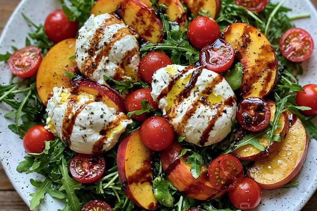 Peach Burrata Summer Salad with sliced peaches, creamy burrata, cherry tomatoes, arugula, and balsamic glaze drizzle