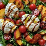 Peach Burrata Summer Salad with sliced peaches, creamy burrata, cherry tomatoes, arugula, and balsamic glaze drizzle