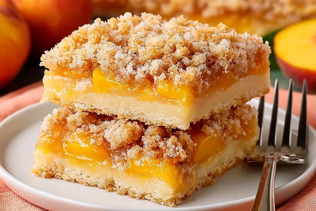 Peach Crumb Bars with juicy peach filling and buttery crumb topping stacked on a plate