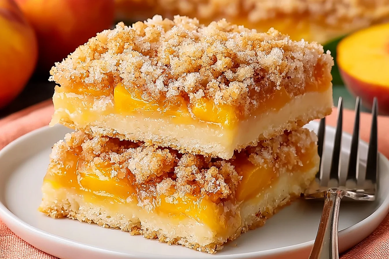Peach Crumb Bars with juicy peach filling and buttery crumb topping stacked on a plate