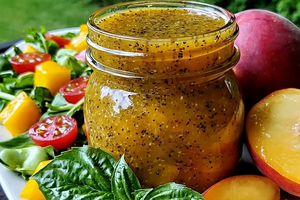Peach Honey Dijon Balsamic Vinaigrette in a glass jar with fresh peaches and salad greens, showcasing a creamy, homemade dressing