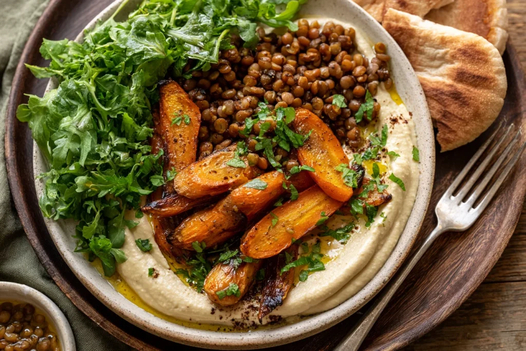 Roasted Carrot and Lentil Salad with Hummus served in a bowl with caramelized carrots, lentils, greens, and creamy hummus base