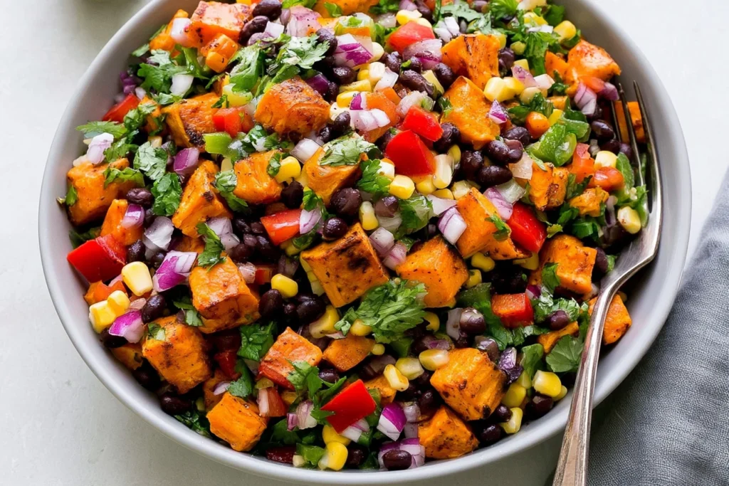Roasted Sweet Potato Black Bean Salad served with roasted sweet potatoes, black beans, corn, bell peppers, red onion, and fresh cilantro
