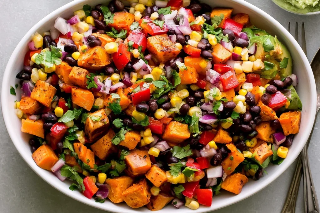 Roasted Sweet Potato Black Bean Salad with roasted sweet potatoes, black beans, corn, red bell pepper, red onion, cilantro, and avocado