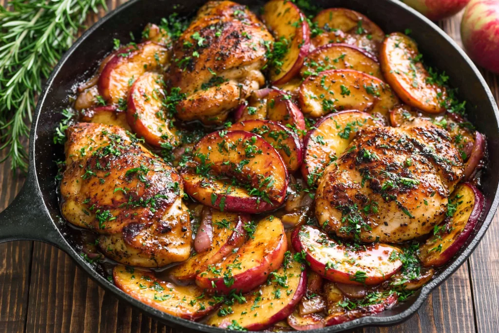 Chicken with Peaches skillet featuring golden seared chicken thighs with caramelized peach slices in a glossy honey butter sauce