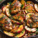 Chicken with Peaches skillet featuring golden seared chicken thighs with caramelized peach slices in a glossy honey butter sauce