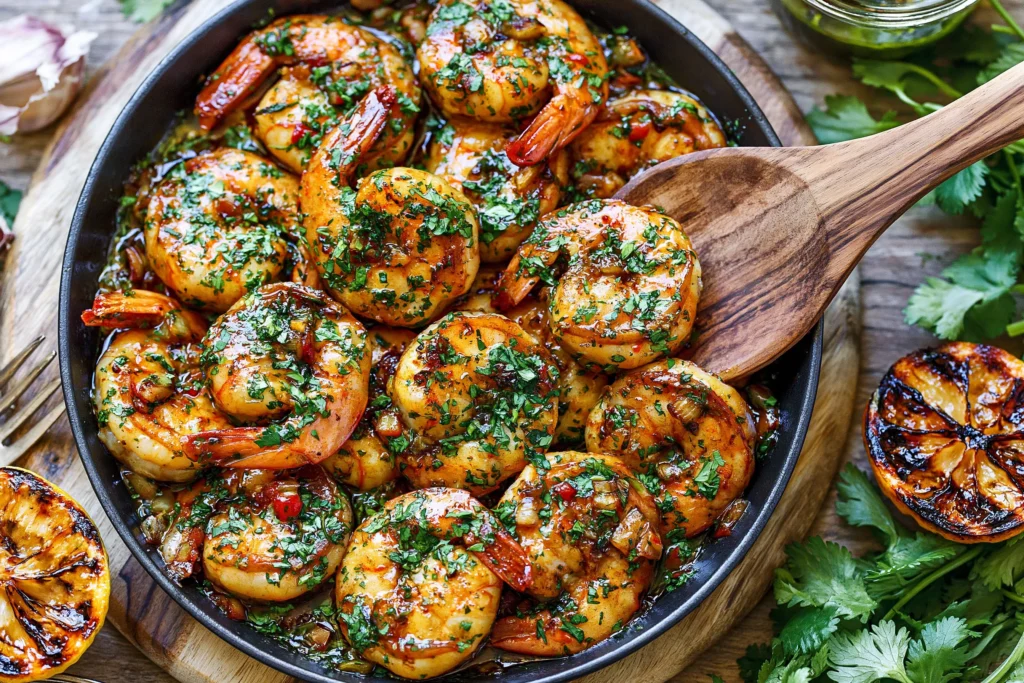 Pan Seared Chimichurri Shrimp cooked in a skillet with garlic, herbs, and golden seared shrimp