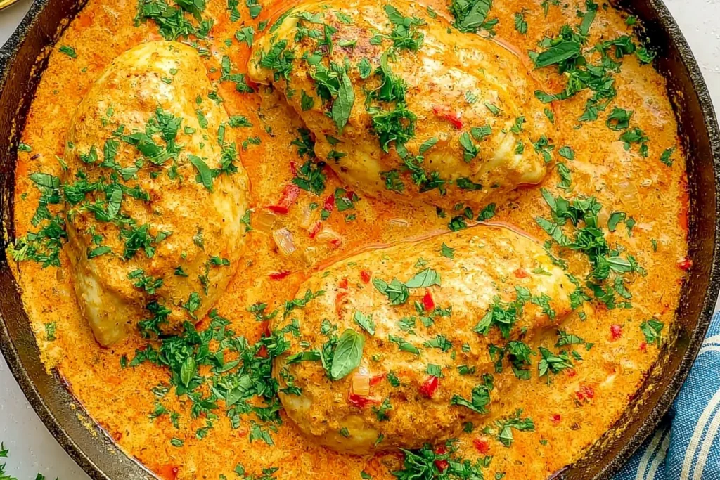 Spicy Brazilian Coconut Chicken in skillet with creamy coconut sauce, herbs, and tender chicken breasts