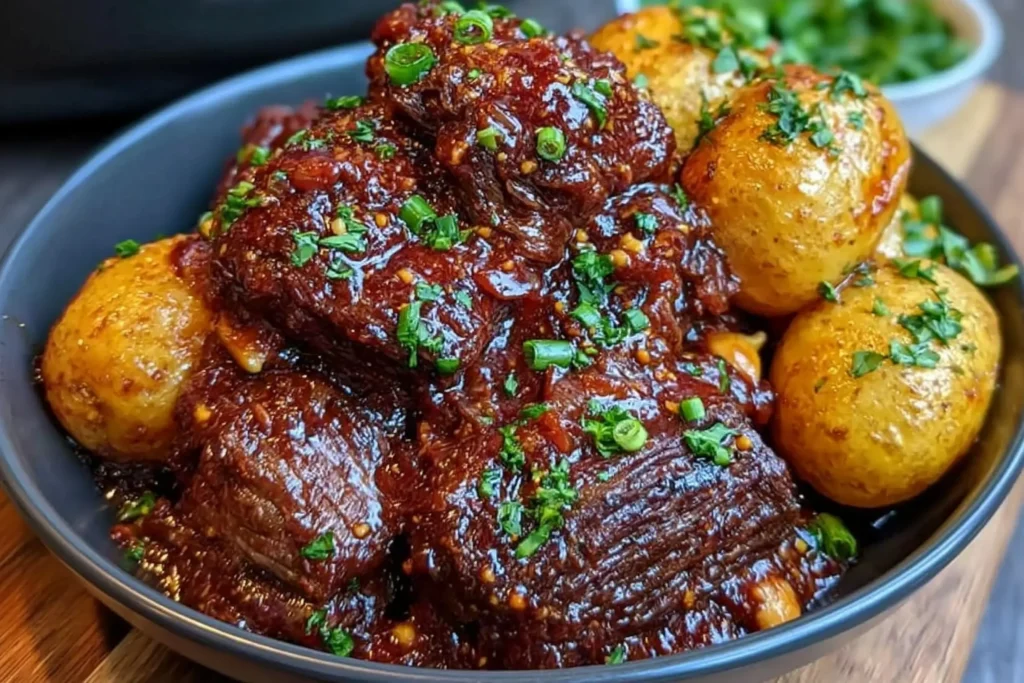 Slow Cooker Garlic Butter Beef with Potatoes featuring tender beef chunks and golden baby potatoes coated in rich garlic butter sauce with fresh herbs