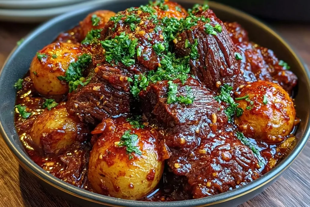 Slow Cooker Garlic Butter Beef with Potatoes served in a bowl with tender beef chunks, baby potatoes, and rich garlic butter sauce topped with fresh parsley