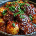 Slow Cooker Garlic Butter Beef with Potatoes served in a bowl with tender beef chunks, baby potatoes, and rich garlic butter sauce topped with fresh parsley