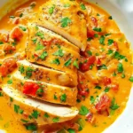 Spicy Brazilian Coconut Chicken served in creamy coconut sauce with tomatoes, herbs, and sliced chicken breast