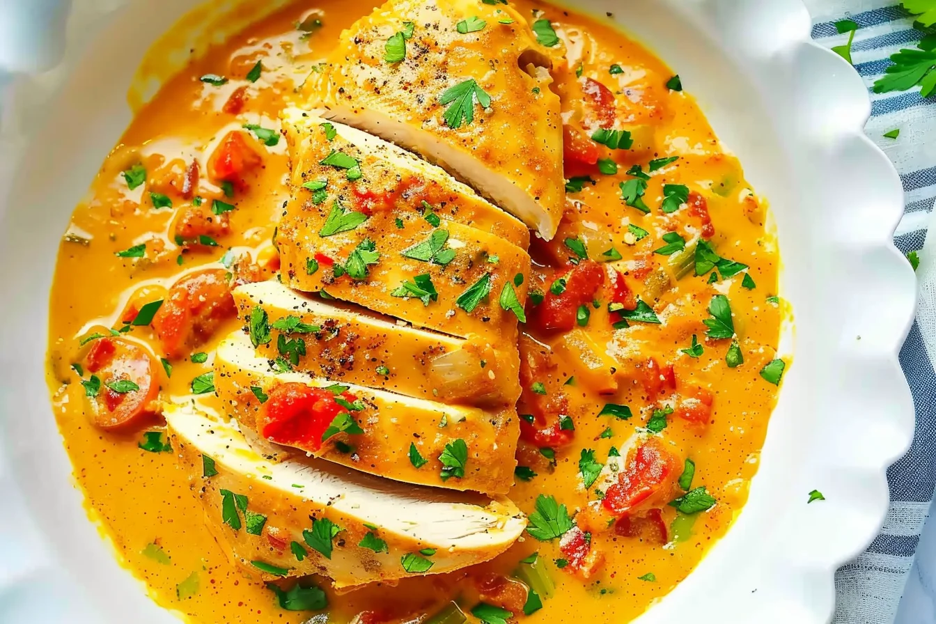Spicy Brazilian Coconut Chicken served in creamy coconut sauce with tomatoes, herbs, and sliced chicken breast