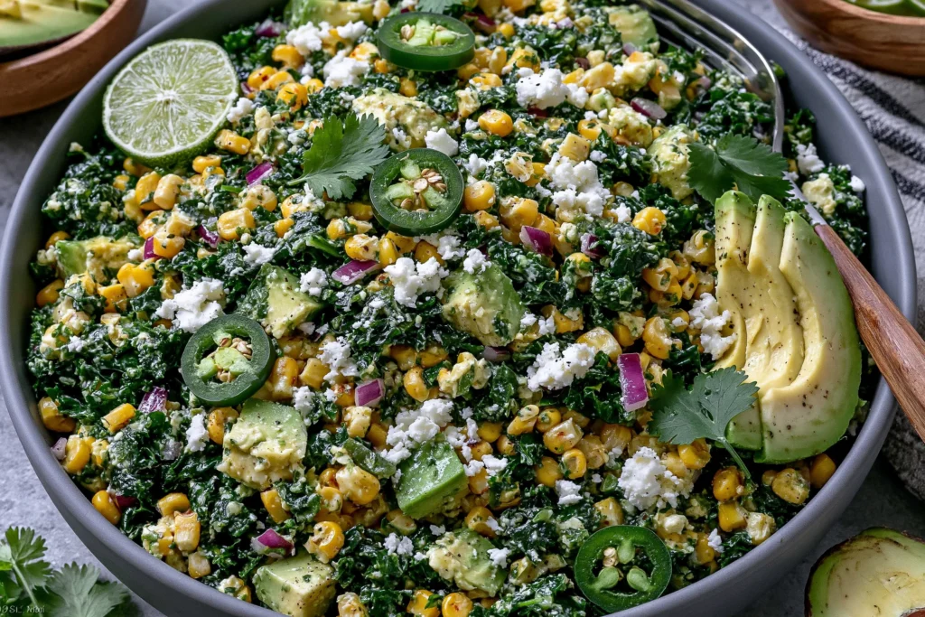Mexican Street Corn Kale Salad with jalapeños, avocado, cotija cheese, and grilled corn in a bowl