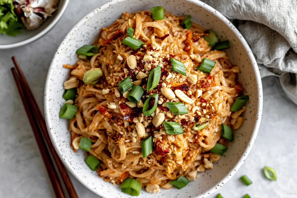 Spicy Peanut Butter Noodles topped with chopped peanuts, green onions, and chili flakes in a rustic bowl