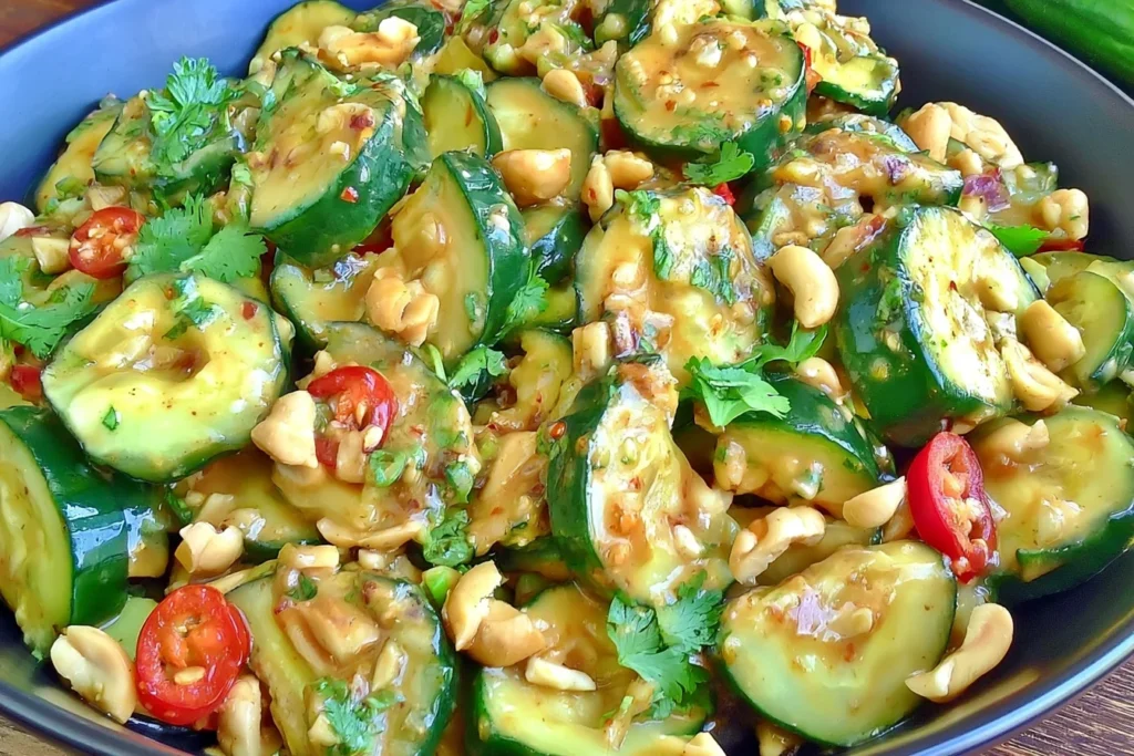 Spicy Peanut Cucumber Salad with creamy peanut dressing, fresh herbs, and crunchy peanuts in a vibrant bowl
