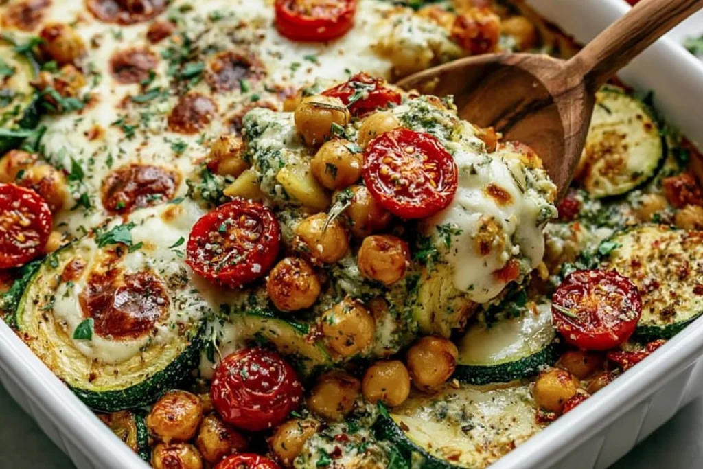 Close-up of Spinach Zucchini Chickpea Bake served with melted cheese, roasted chickpeas, zucchini slices, and cherry tomatoes