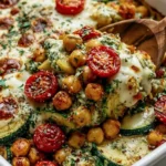 Close-up of Spinach Zucchini Chickpea Bake served with melted cheese, roasted chickpeas, zucchini slices, and cherry tomatoes