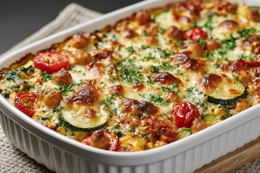 Spinach Zucchini Chickpea Bake with melted cheese, cherry tomatoes, and herbs in a golden baked casserole dish