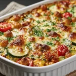 Spinach Zucchini Chickpea Bake with melted cheese, cherry tomatoes, and herbs in a golden baked casserole dish