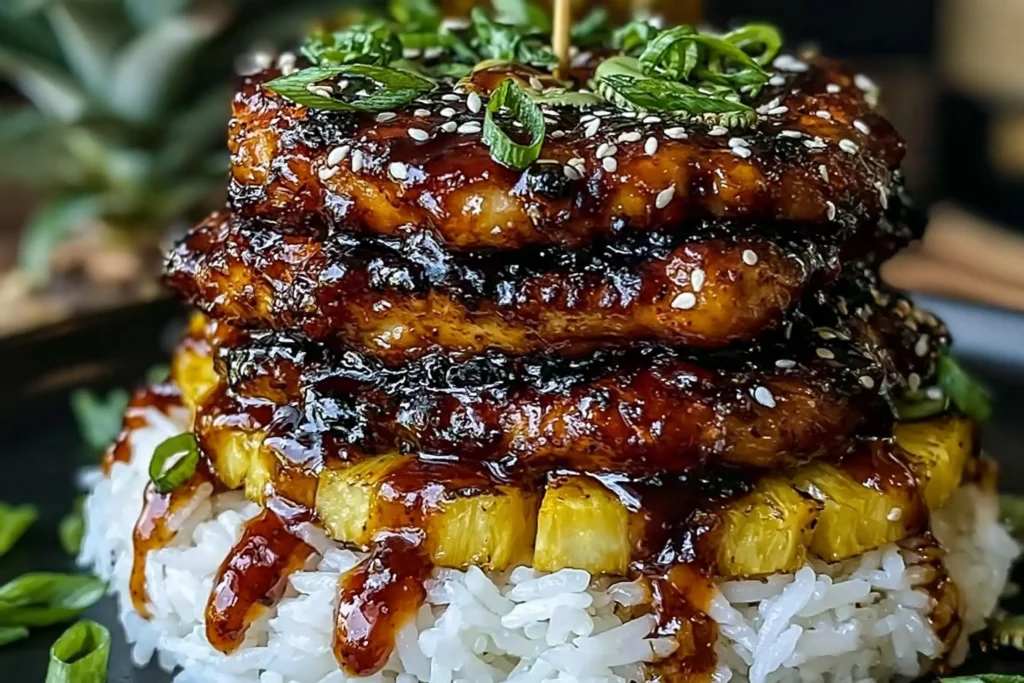 Hawaiian Huli Huli Chicken Stack with caramelized pineapple chunks, sticky glazed chicken, and rice topped with sesame seeds and green onions