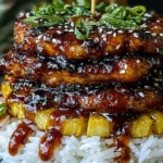 Hawaiian Huli Huli Chicken Stack with caramelized pineapple chunks, sticky glazed chicken, and rice topped with sesame seeds and green onions