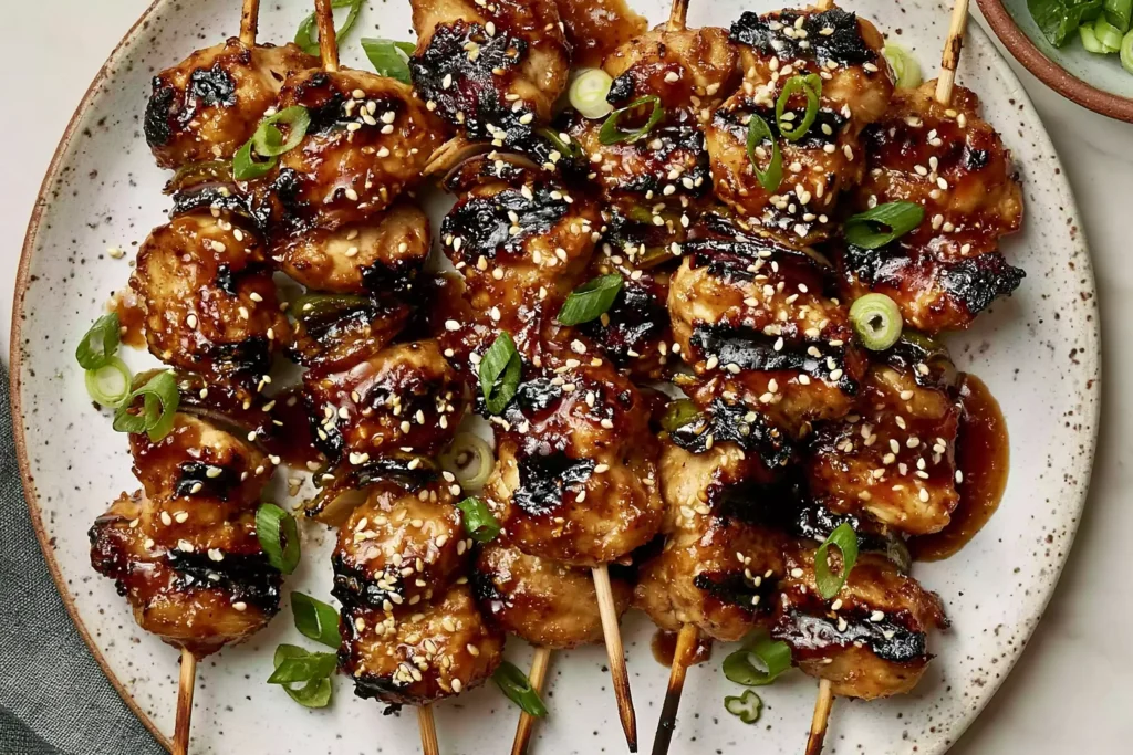 Honey Garlic Asian Chicken Kabobs with caramelized glaze, sesame seeds, and green onions on skewers plated for serving