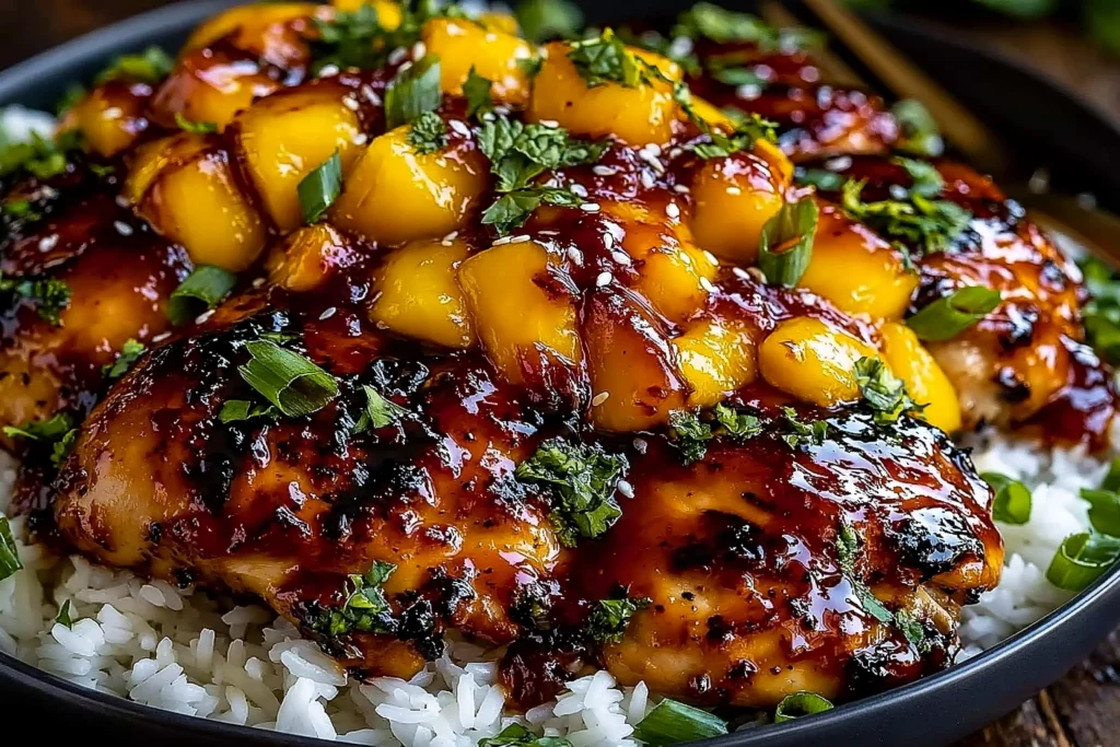 Sweet & Savory Asian Mango Glazed Chicken with caramelized glaze, fresh mango chunks, sesame seeds, and herbs served over steamed rice