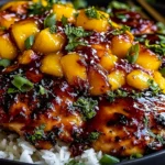 Sweet & Savory Asian Mango Glazed Chicken with caramelized glaze, fresh mango chunks, sesame seeds, and herbs served over steamed rice