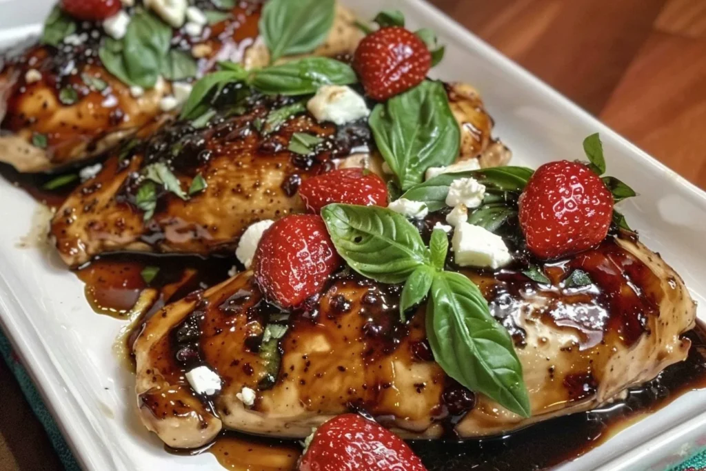Strawberry Basil Chicken baked with balsamic glaze, fresh strawberries, and basil leaves on juicy chicken breasts