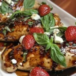 Strawberry Basil Chicken baked with balsamic glaze, fresh strawberries, and basil leaves on juicy chicken breasts