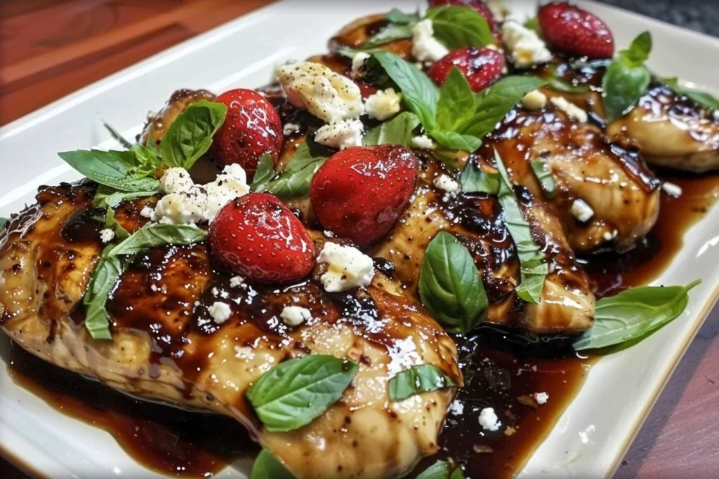 Strawberry Basil Chicken with balsamic glaze, topped with fresh strawberries, basil leaves, and crumbled cheese on baked chicken breasts