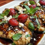 Strawberry Basil Chicken with balsamic glaze, topped with fresh strawberries, basil leaves, and crumbled cheese on baked chicken breasts