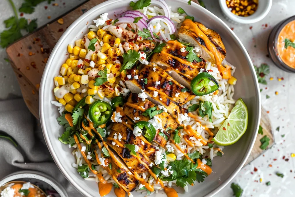 Street Corn Chicken Rice Bowls with grilled chicken, creamy corn, rice, avocado, and chipotle drizzle
