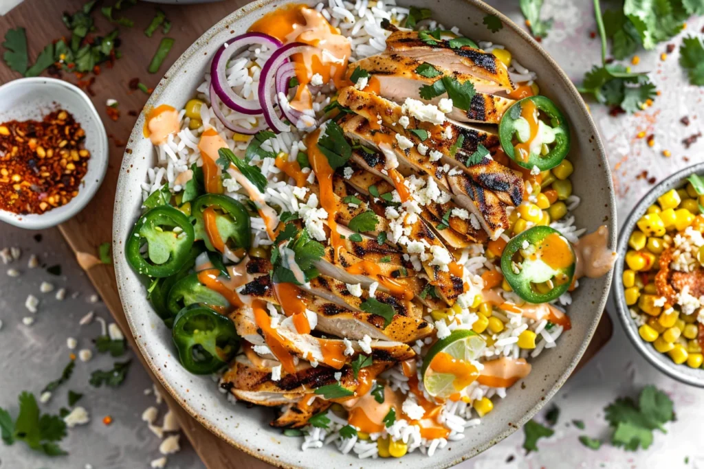 Street Corn Chicken Rice Bowls topped with grilled chicken, jalapeños, creamy corn, rice, and chipotle sauce drizzle
