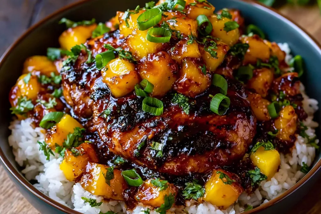 Sweet & Savory Asian Mango Glazed Chicken served over rice with juicy mango chunks, green onions, and glossy caramelized glaze