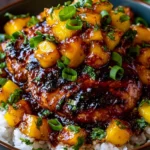 Sweet & Savory Asian Mango Glazed Chicken served over rice with juicy mango chunks, green onions, and glossy caramelized glaze
