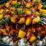 Sweet & Savory Asian Mango Glazed Chicken served over jasmine rice with fresh mango chunks, green onions, and a glossy sticky glaze