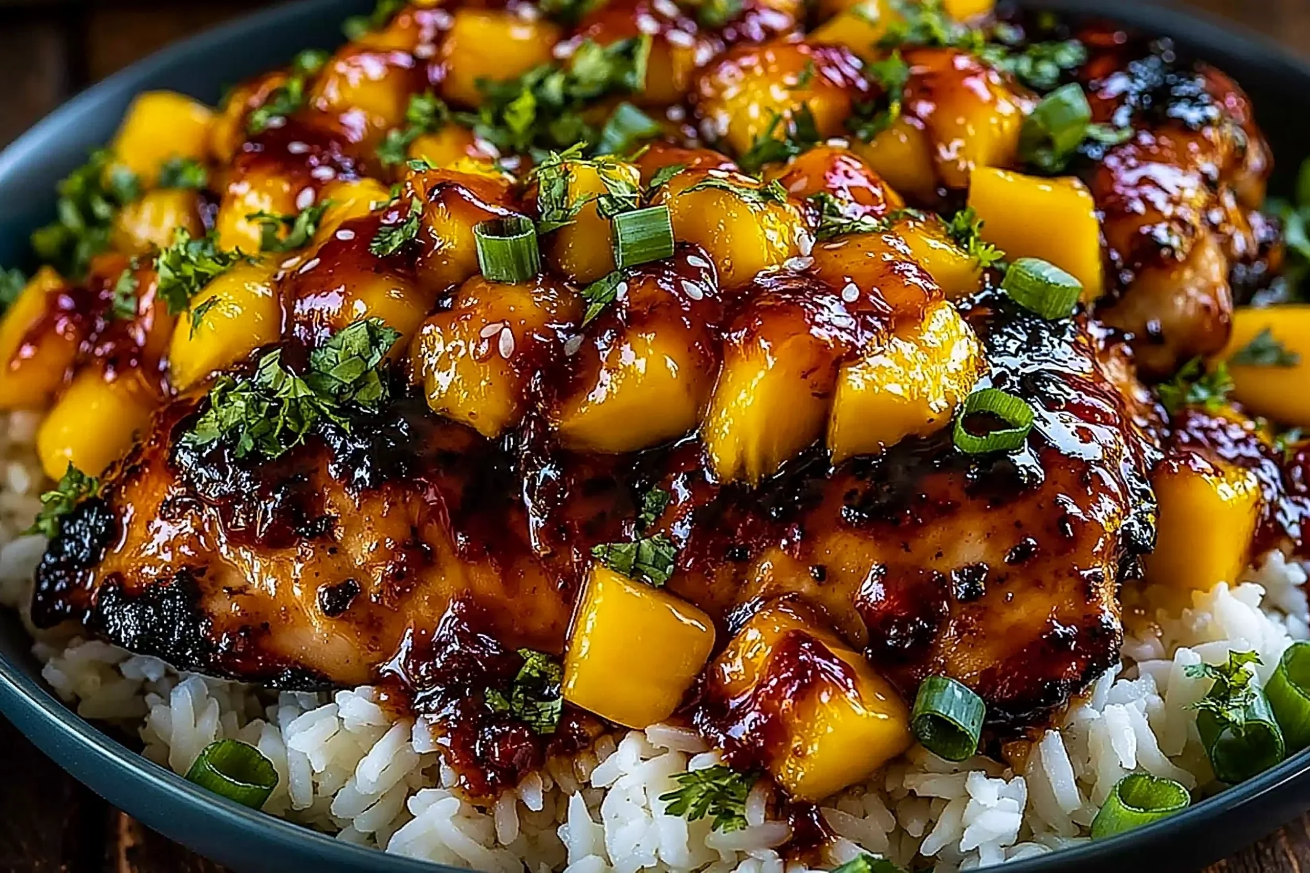 Sweet & Savory Asian Mango Glazed Chicken served over jasmine rice with fresh mango chunks, green onions, and a glossy sticky glaze