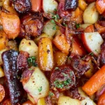 Maple Dijon Roasted Carrots and Apples with caramelized glaze, roasted carrots, apples, and onions in a sweet savory dish